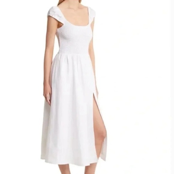 Reformation Tavi 100% Linen White Smocked Ruffle Midi Dress Size Large NWOT - Picture 2 of 10